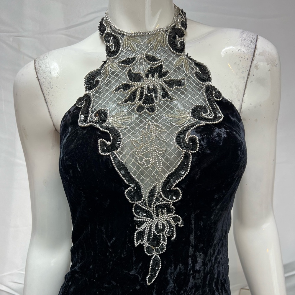 Zum Zum Vintage Black Velvet 90s Sequins Silver Beaded Halter Long 5-6 Dress XS - Picture 2 of 6